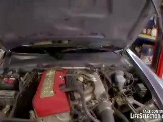 Car mechanic fucks sexy, horny babes