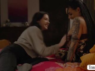 Tattooed feature gets her pussy licked and banged by TS stepsis